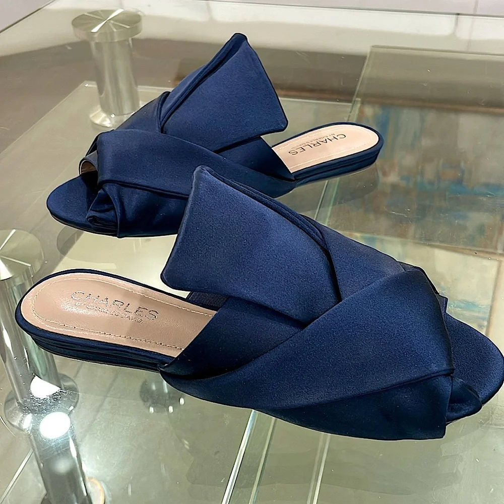 NWT Charles David royal navy pure satin slip on slides blue flats open toe bow